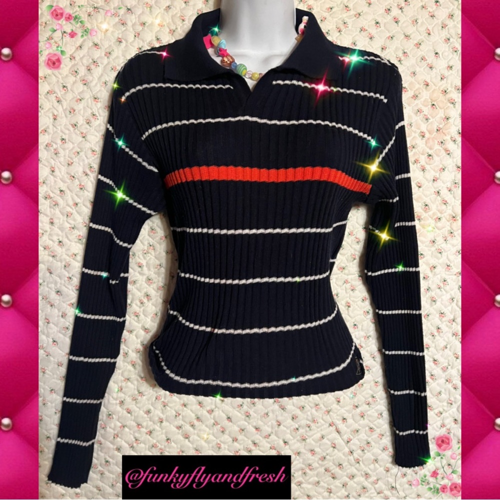 Exesandzees long sleeved collared ribbed blue&red striped stretchy sweater Sz m